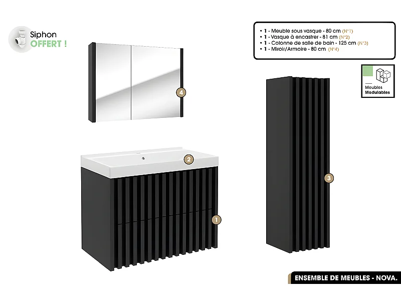 Ensemble complet de salle de bain - Meuble - Colonne - Miroir - Vasque à encastrer avec Siphon OFFERT | NOVA | Noir | 80 x 56 x 45 cm