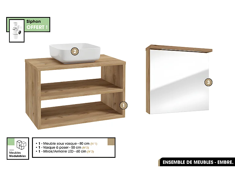 Ensemble complet - de salle de bain - Meuble - Miroir/Armoire LED - Vasque avec Siphon OFFERT | EMBRE | OAK | 80 x 50 x 45 cm