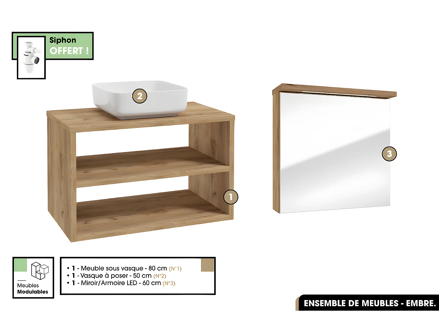 Ensemble complet - de salle de bain - Meuble - Miroir/Armoire LED - Vasque avec Siphon OFFERT | EMBRE | OAK | 80 x 50 x 45 cm