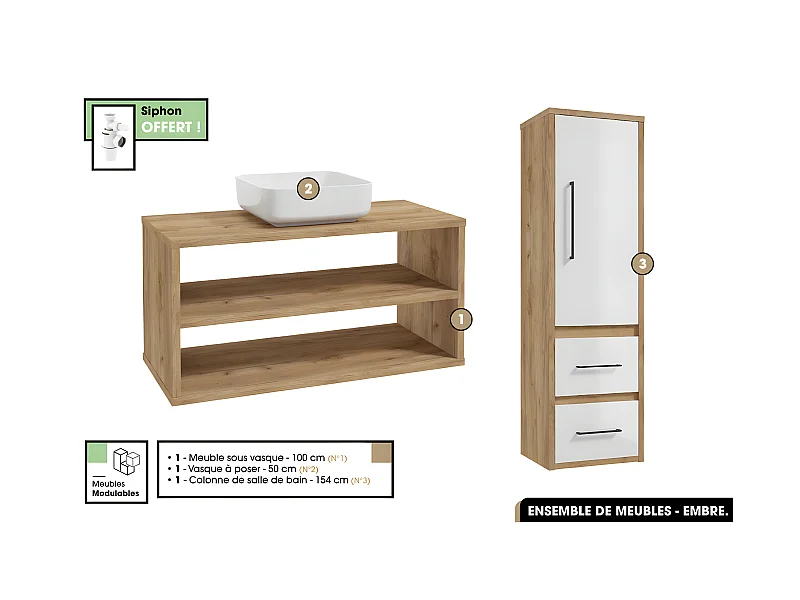 Ensemble complet - de salle de bain - Meuble - Colonne - Vasque avec Siphon OFFERT | EMBRE | OAK | 100 x 50 x 45 cm