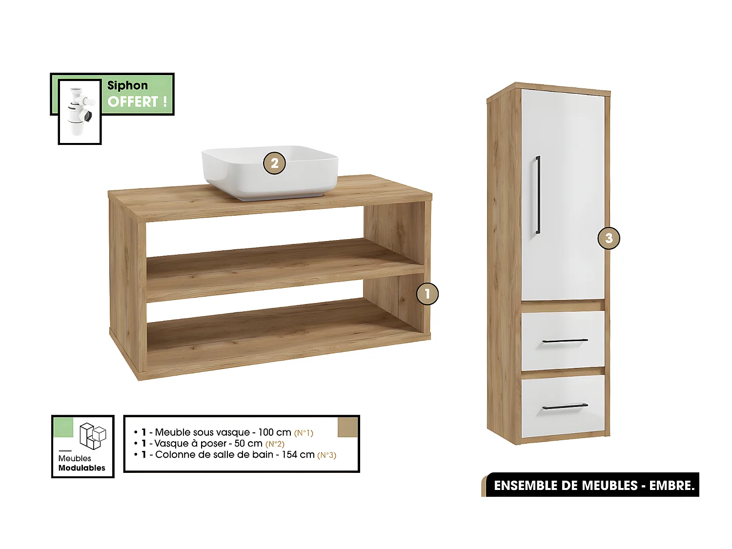 Ensemble complet - de salle de bain - Meuble - Colonne - Vasque avec Siphon OFFERT | EMBRE | OAK | 100 x 50 x 45 cm