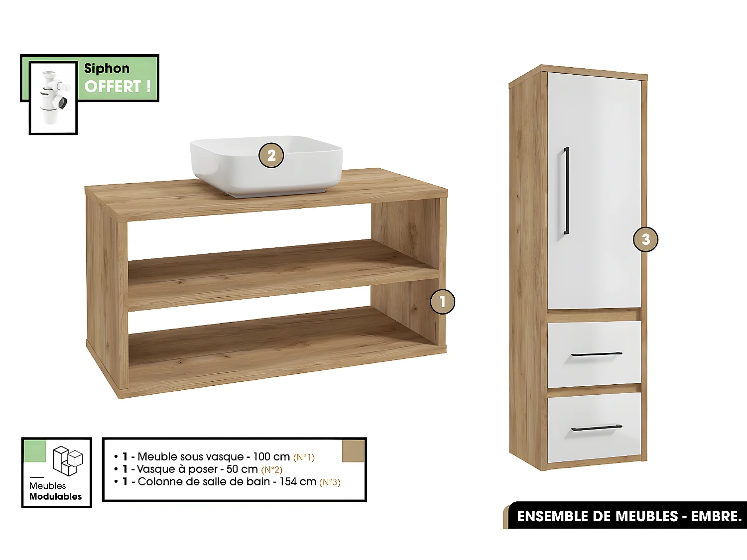 Ensemble complet - de salle de bain - Meuble - Colonne - Vasque avec Siphon OFFERT | EMBRE | OAK | 100 x 50 x 45 cm