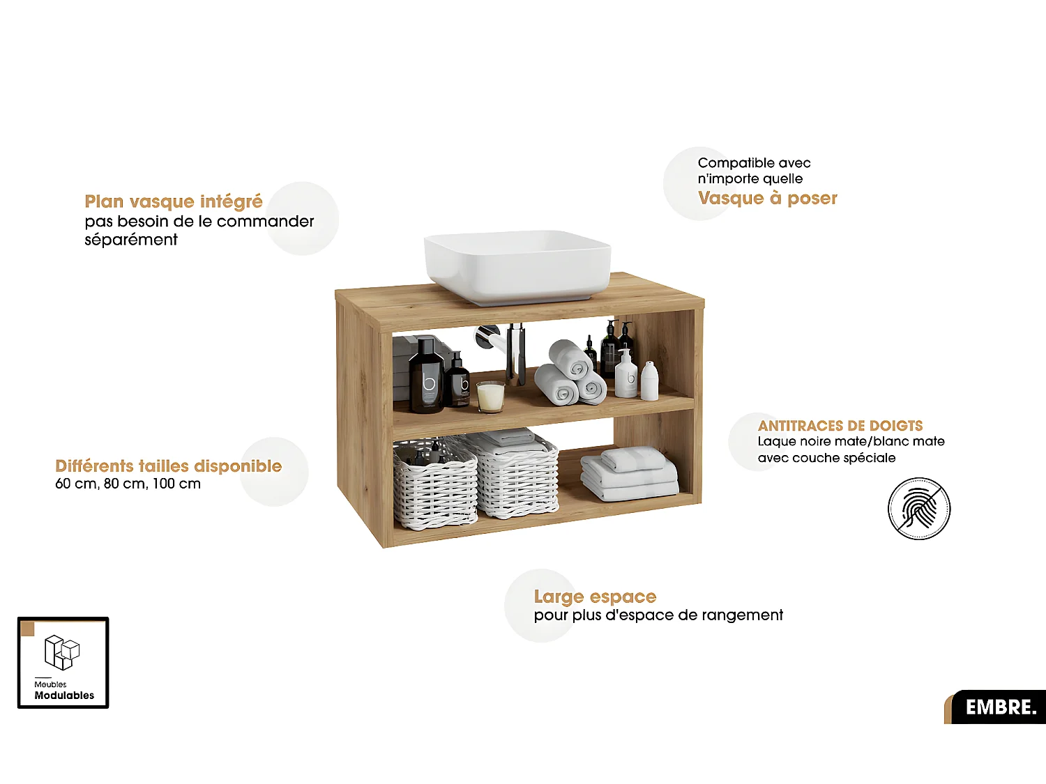 Ensemble complet - de salle de bain - Meuble - Colonne - Vasque avec Siphon OFFERT | EMBRE | OAK | 100 x 50 x 45 cm