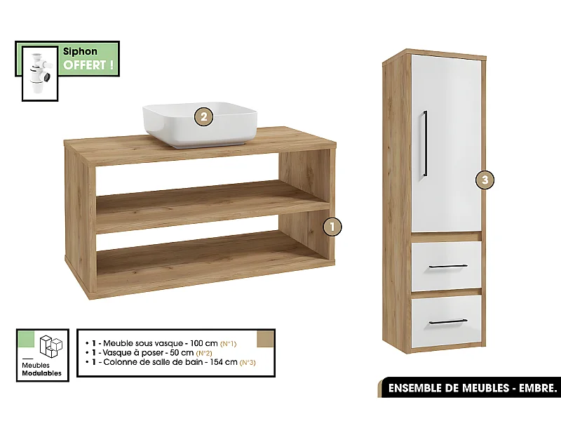 Ensemble complet - de salle de bain - Meuble - Colonne - Vasque avec Siphon OFFERT | EMBRE | OAK | 100 x 50 x 45 cm