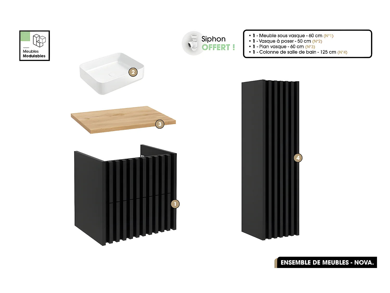 Ensemble complet de salle de bain - Meuble - Colonne - Vasque à poser avec Siphon OFFERT | NOVA | Oak | 60 x 56 x 45 cm
