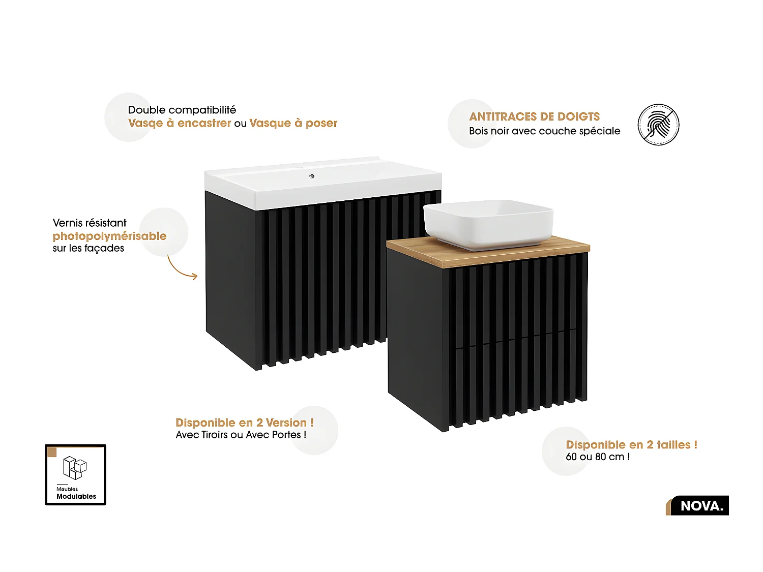 Ensemble complet de salle de bain - Meuble - Colonne - Vasque à poser avec Siphon OFFERT | NOVA | Oak | 60 x 56 x 45 cm