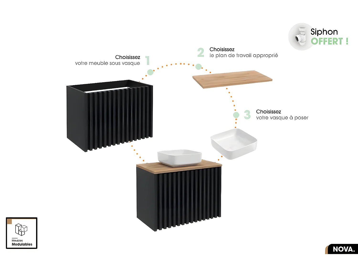Ensemble complet de salle de bain - Meuble - Colonne - Vasque à poser avec Siphon OFFERT | NOVA | Oak | 60 x 56 x 45 cm