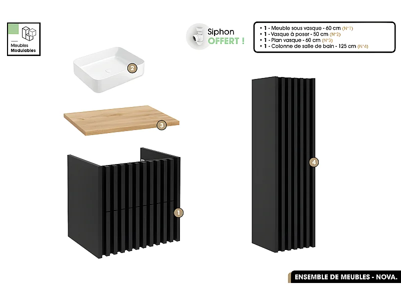 Ensemble complet de salle de bain - Meuble - Colonne - Vasque à poser avec Siphon OFFERT | NOVA | Oak | 60 x 56 x 45 cm