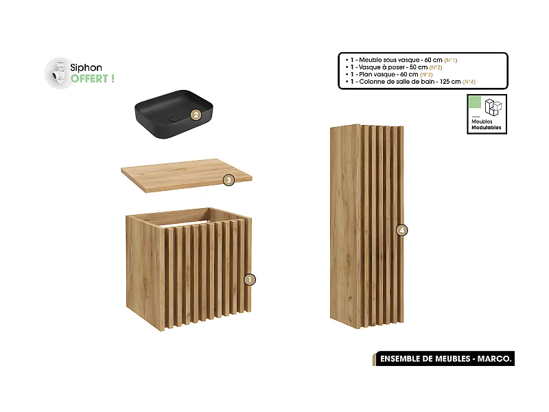 Ensemble complet de salle de bain - Meuble - Colonne - Vasque à poser avec Siphon OFFERT | MARCO | Oak | 60 x 56 x 45 cm