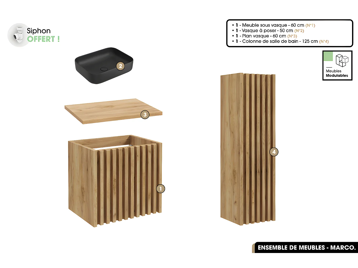 Ensemble complet de salle de bain - Meuble - Colonne - Vasque à poser avec Siphon OFFERT | MARCO | Oak | 60 x 56 x 45 cm