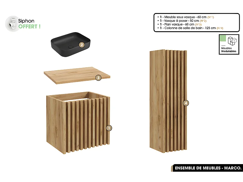 Ensemble complet de salle de bain - Meuble - Colonne - Vasque à poser avec Siphon OFFERT | MARCO | Oak | 60 x 56 x 45 cm