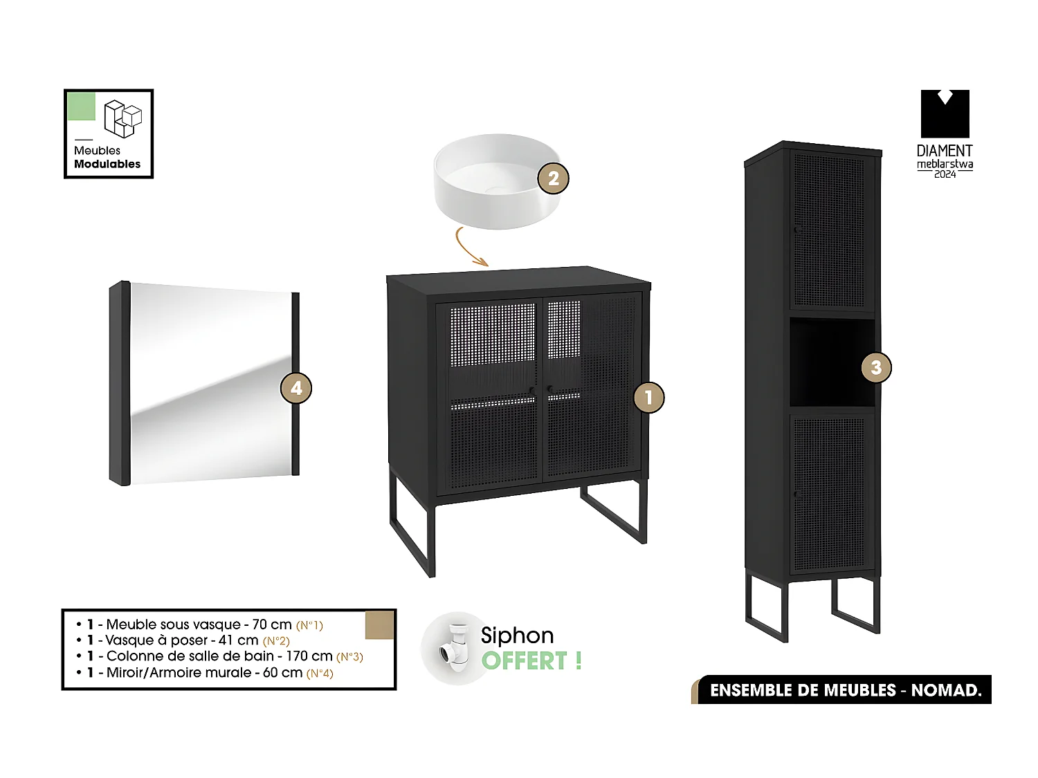 Ensemble complet de salle de bain - Meuble - Colonne - Miroir - Vasque avec Siphon OFFERT | NOMAD | NOIR | 70 x 80 x 43 cm