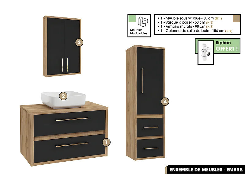 Ensemble complet - de salle de bain - Meuble - Armoire - Colonne - Vasque avec Siphon OFFERT | EMBRE | Noir | 80 x 50 x 45 cm