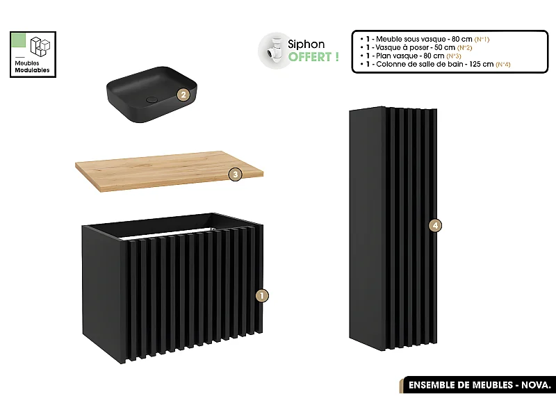 Ensemble complet de salle de bain - Meuble - Colonne - Vasque à poser avec Siphon OFFERT | NOVA | Oak | 80 x 56 x 45 cm