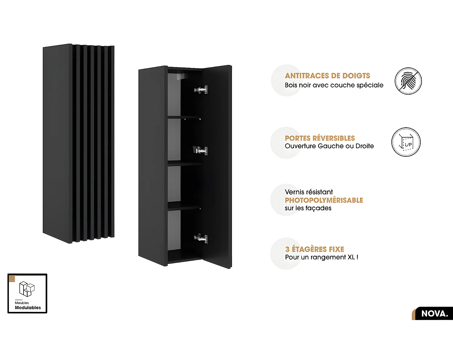 Colonne de salle de bain | NOVA | NOIR | 34 x 125 x 36 cm