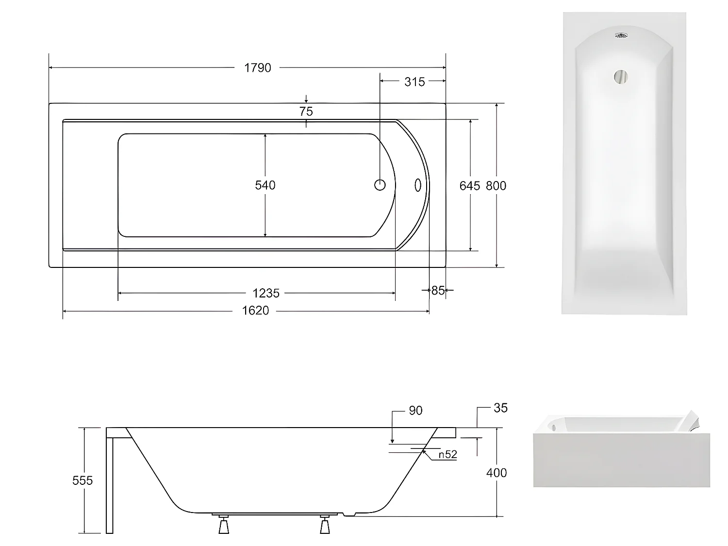 Baignoire rectangulaire + tablier noir + repose tête - SHEA - 180 x 80 cm
