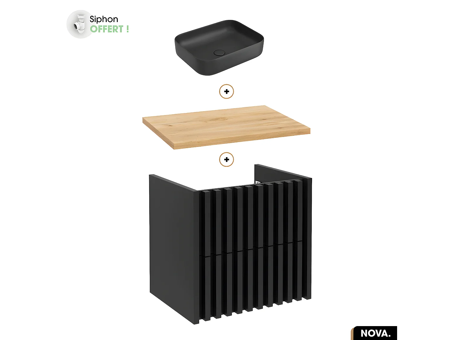Ensemble meuble sous vasque avec vasque à poser - Siphon OFFERT | NOVA | OAK | 60 x 56 x 45 cm
