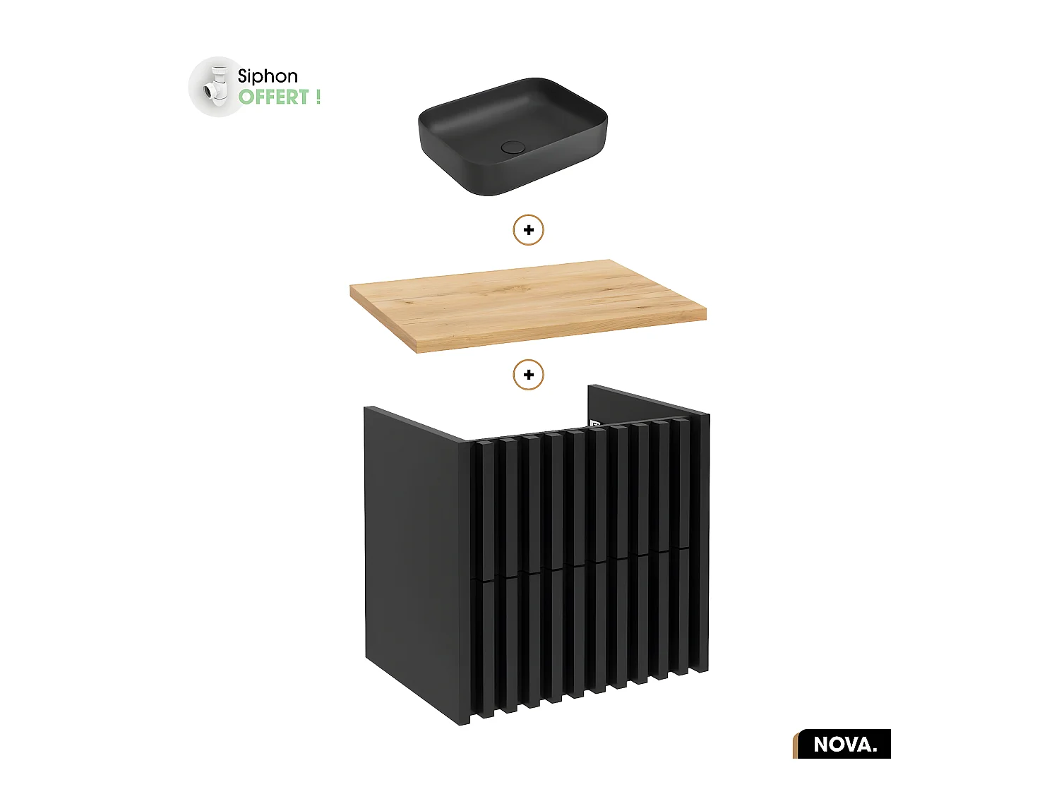 Ensemble meuble sous vasque avec vasque à poser - Siphon OFFERT | NOVA | OAK | 60 x 56 x 45 cm