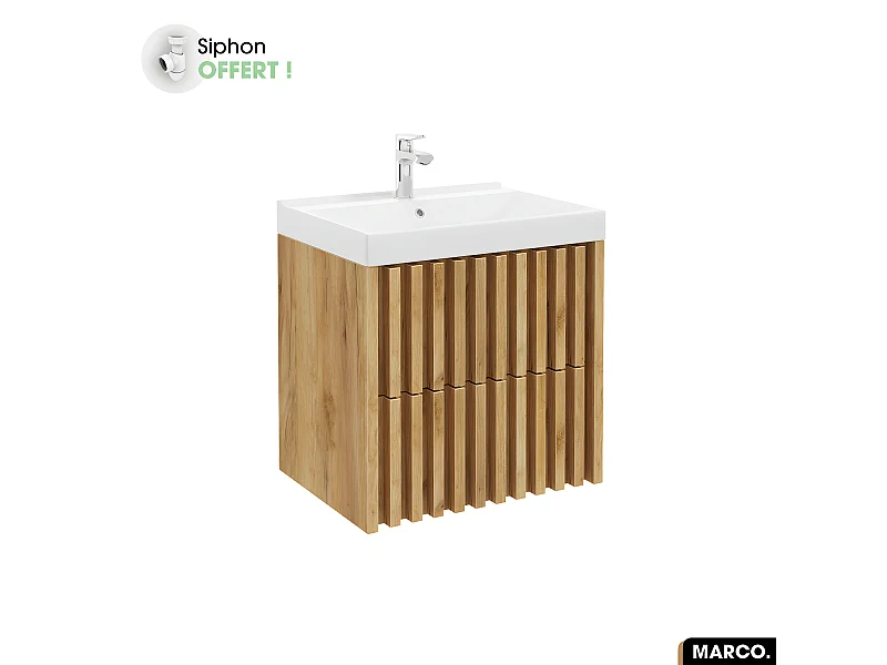 Ensemble meuble sous vasque avec vasque à encastrer - Siphon OFFERT | MARCO | Oak | 60 x 56 x 45 cm