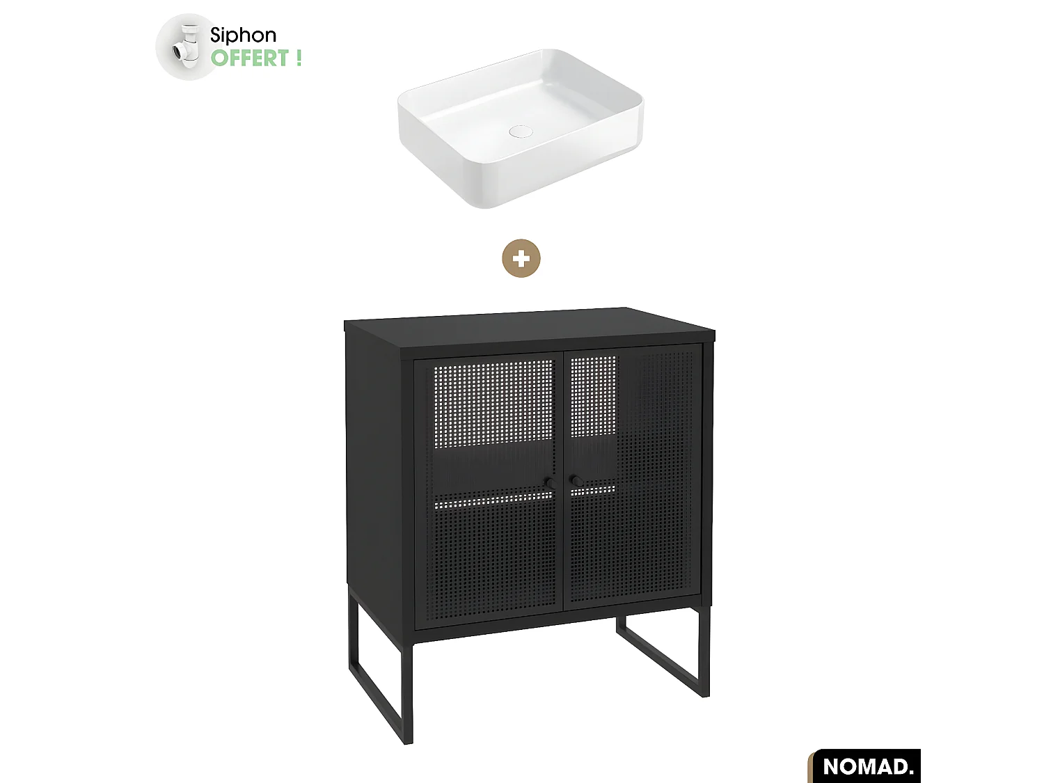 Ensemble meuble sous vasque avec vasque à poser - Siphon OFFERT | NOMAD | NOIR | 70 x 80 x 43 cm