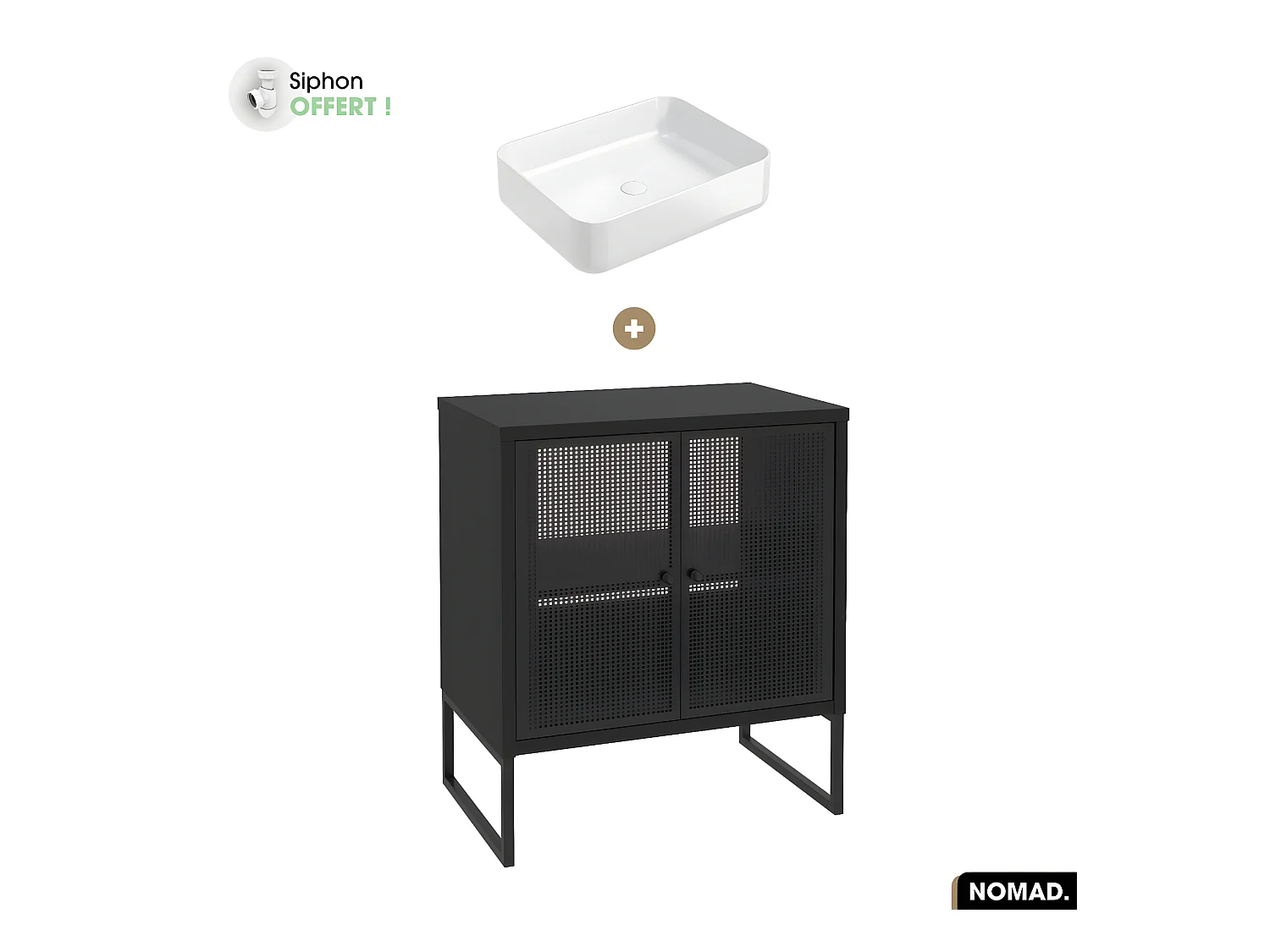 Ensemble meuble sous vasque avec vasque à poser - Siphon OFFERT | NOMAD | NOIR | 70 x 80 x 43 cm