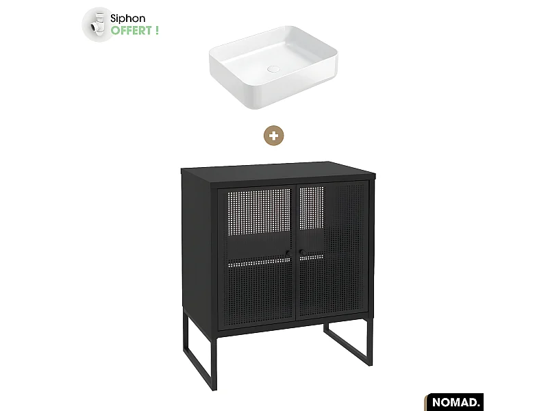 Ensemble meuble sous vasque avec vasque à poser - Siphon OFFERT | NOMAD | NOIR | 70 x 80 x 43 cm