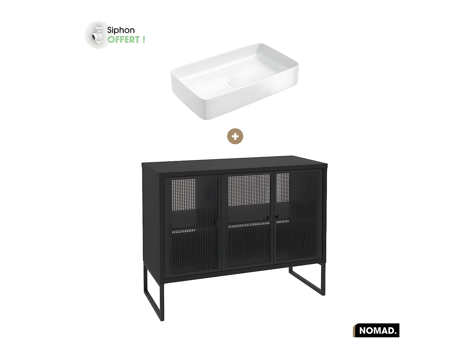 Ensemble meuble sous vasque avec vasque à poser - Siphon OFFERT | NOMAD | NOIR | 102 x 80 x 43 cm