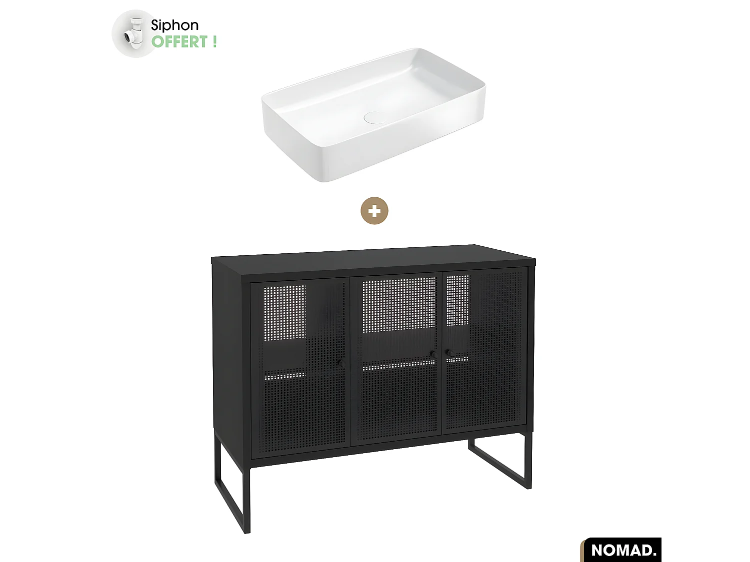 Ensemble meuble sous vasque avec vasque à poser - Siphon OFFERT | NOMAD | NOIR | 102 x 80 x 43 cm