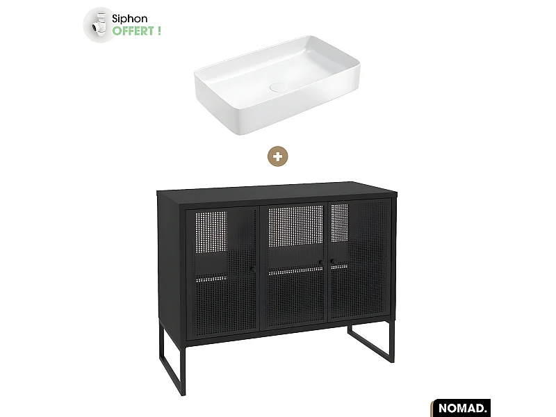 Ensemble meuble sous vasque avec vasque à poser - Siphon OFFERT | NOMAD | NOIR | 102 x 80 x 43 cm