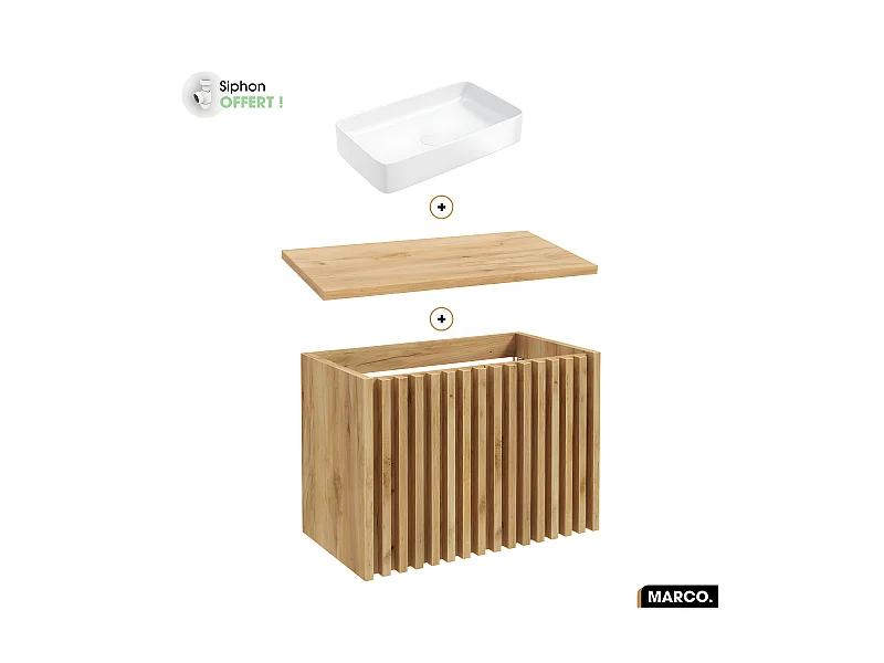 Ensemble meuble sous vasque avec vasque à poser - Siphon OFFERT | MARCO | OAK | 80 x 56 x 45 cm