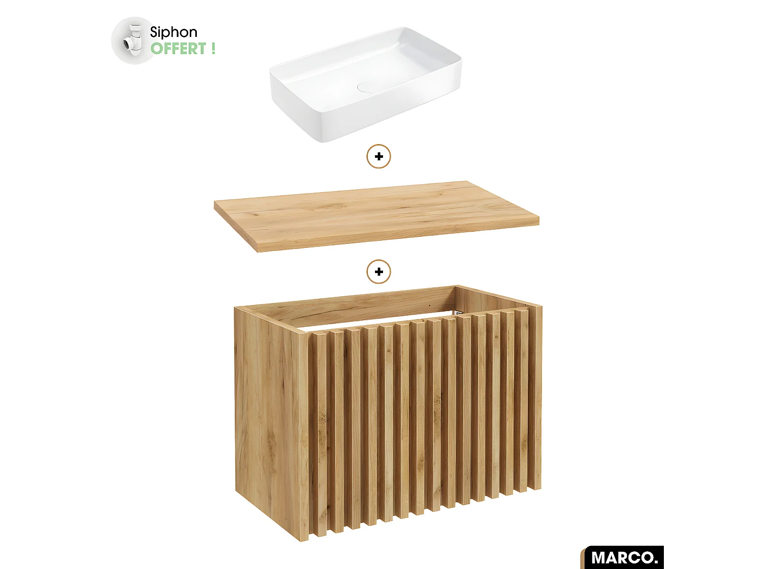 Ensemble meuble sous vasque avec vasque à poser - Siphon OFFERT | MARCO | OAK | 80 x 56 x 45 cm