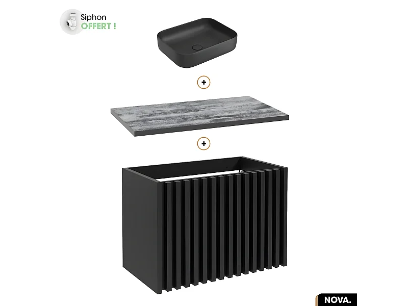 Ensemble meuble sous vasque avec vasque à poser - Siphon OFFERT | NOVA | NOIR | 80 x 56 x 45 cm