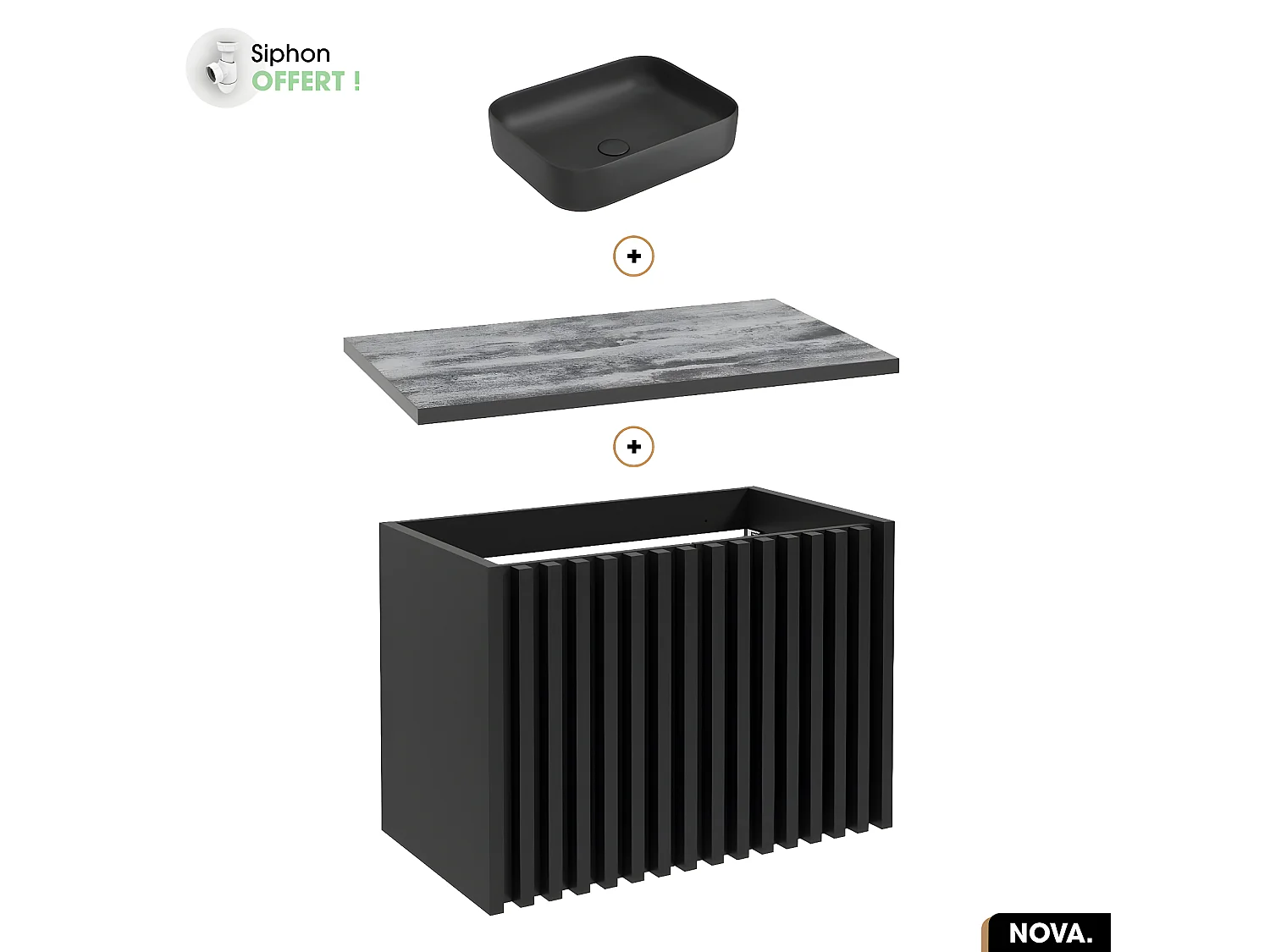 Ensemble meuble sous vasque avec vasque à poser - Siphon OFFERT | NOVA | NOIR | 80 x 56 x 45 cm