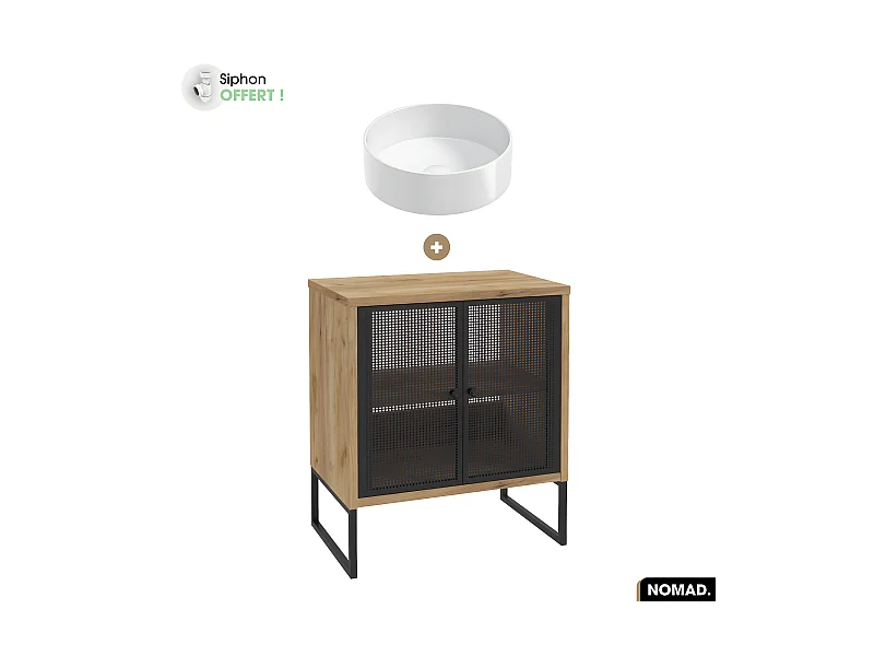 Ensemble meuble sous vasque avec vasque à poser - Siphon OFFERT | NOMAD | OAK | 70 x 80 x 43 cm