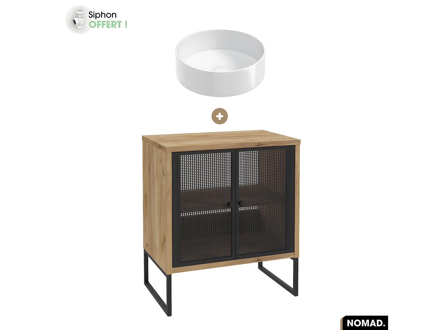Ensemble meuble sous vasque avec vasque à poser - Siphon OFFERT | NOMAD | OAK | 70 x 80 x 43 cm