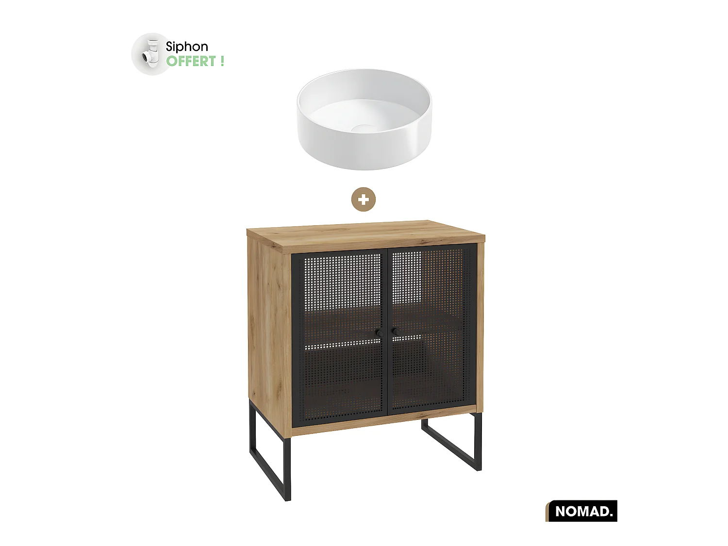 Ensemble meuble sous vasque avec vasque à poser - Siphon OFFERT | NOMAD | OAK | 70 x 80 x 43 cm