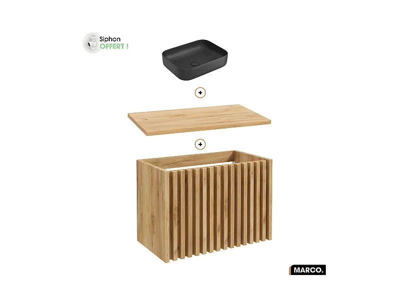 Ensemble meuble sous vasque avec vasque à poser - Siphon OFFERT | MARCO | OAK | 80 x 56 x 45 cm