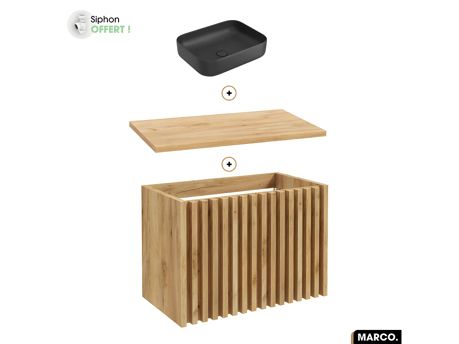 Ensemble meuble sous vasque avec vasque à poser - Siphon OFFERT | MARCO | OAK | 80 x 56 x 45 cm