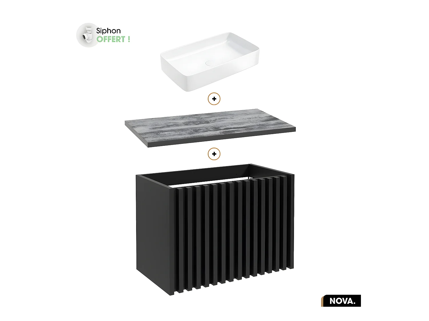 Ensemble meuble sous vasque avec vasque à poser - Siphon OFFERT | NOVA | NOIR | 80 x 56 x 45 cm
