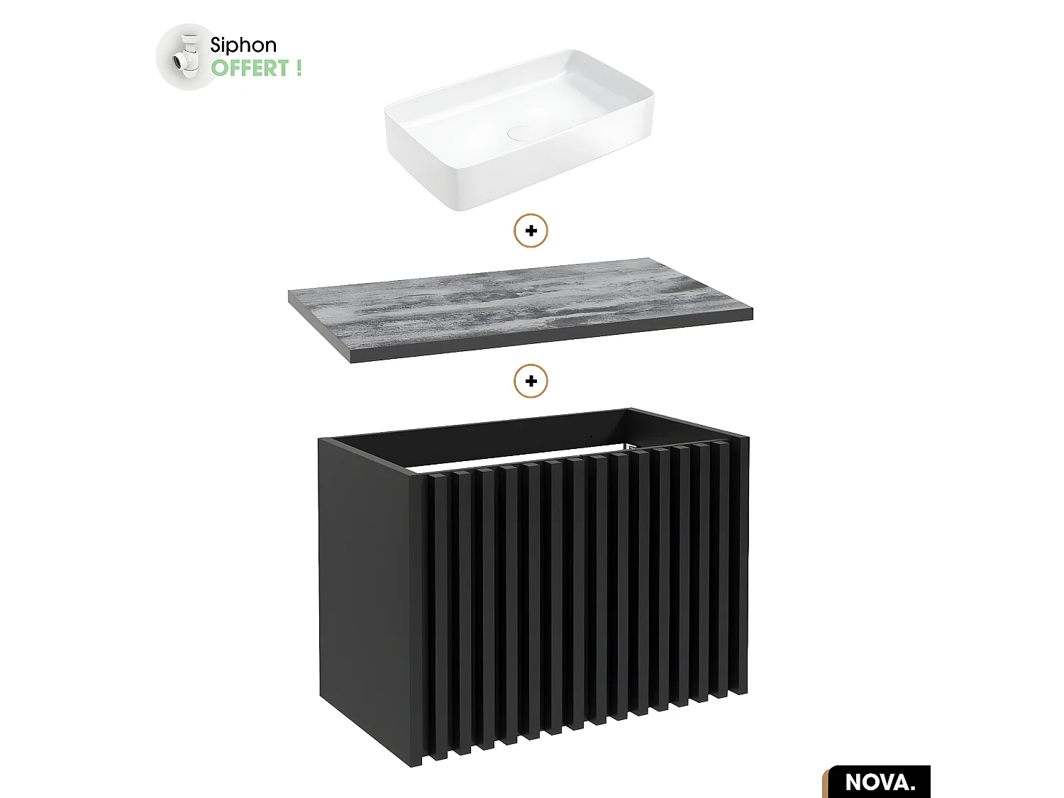 Ensemble meuble sous vasque avec vasque à poser - Siphon OFFERT | NOVA | NOIR | 80 x 56 x 45 cm