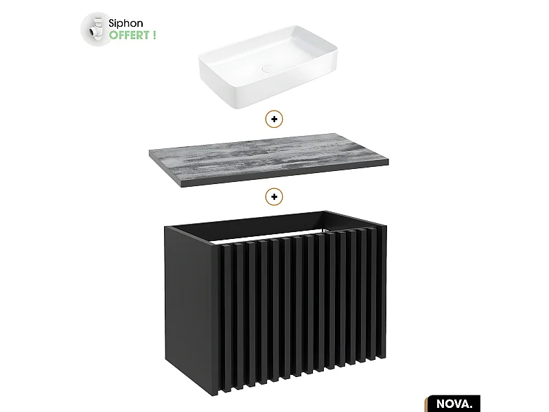 Ensemble meuble sous vasque avec vasque à poser - Siphon OFFERT | NOVA | NOIR | 80 x 56 x 45 cm