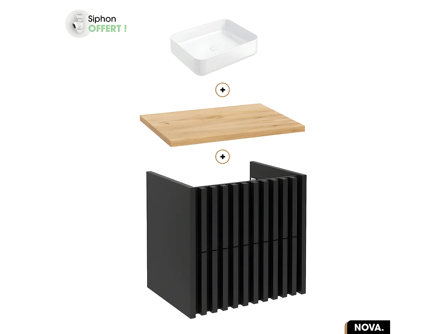 Ensemble meuble sous vasque avec vasque à poser - Siphon OFFERT | NOVA | OAK | 60 x 56 x 45 cm