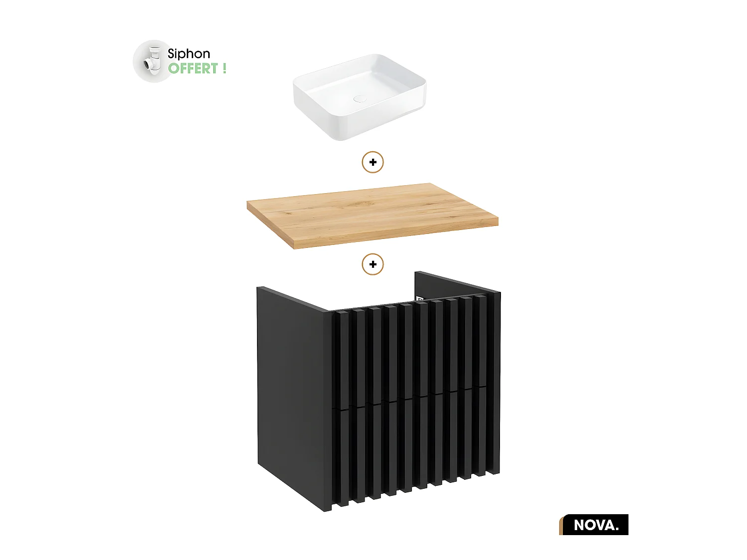 Ensemble meuble sous vasque avec vasque à poser - Siphon OFFERT | NOVA | OAK | 60 x 56 x 45 cm
