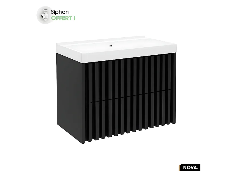 Ensemble meuble sous vasque avec vasque à encastrer - Siphon OFFERT | NOVA | Noir | 80 x 56 x 45 cm