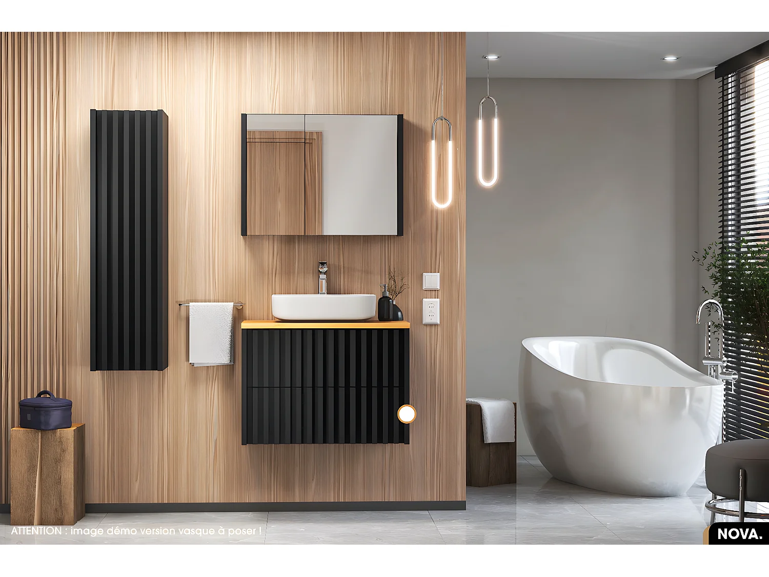 Ensemble meuble sous vasque avec vasque à encastrer - Siphon OFFERT | NOVA | Noir | 80 x 56 x 45 cm