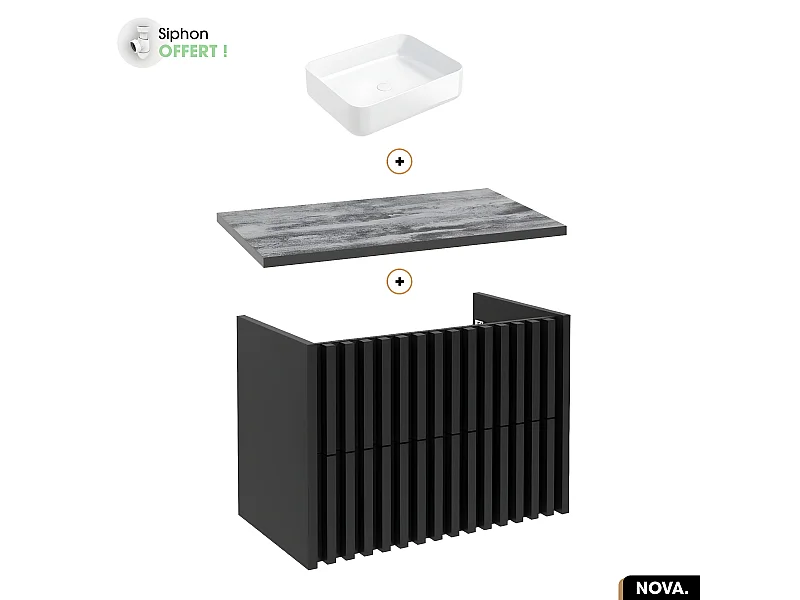 Ensemble meuble sous vasque avec vasque à poser - Siphon OFFERT | NOVA | NOIR | 80 x 56 x 45 cm