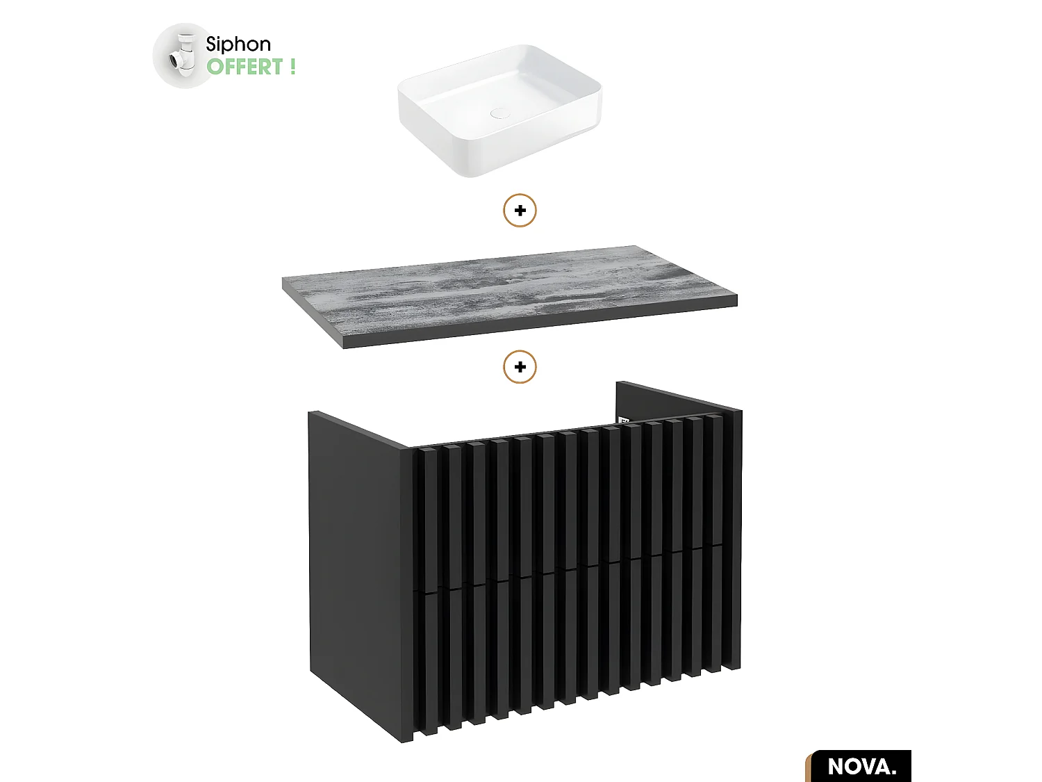 Ensemble meuble sous vasque avec vasque à poser - Siphon OFFERT | NOVA | NOIR | 80 x 56 x 45 cm
