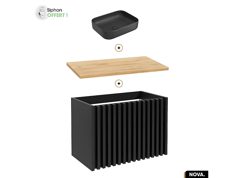 Ensemble meuble sous vasque avec vasque à poser - Siphon OFFERT | NOVA | OAK | 80 x 56 x 45 cm