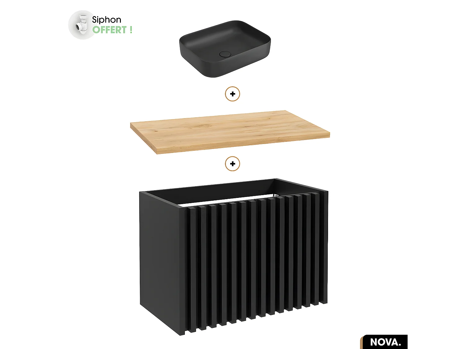 Ensemble meuble sous vasque avec vasque à poser - Siphon OFFERT | NOVA | OAK | 80 x 56 x 45 cm