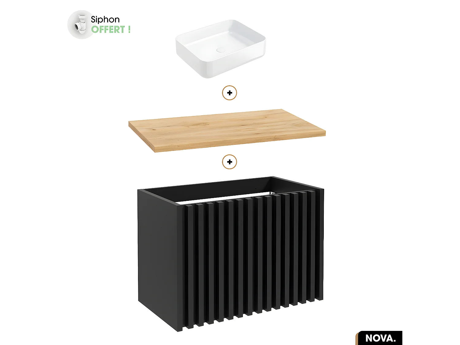 Ensemble meuble sous vasque avec vasque à poser - Siphon OFFERT | NOVA | OAK | 80 x 56 x 45 cm